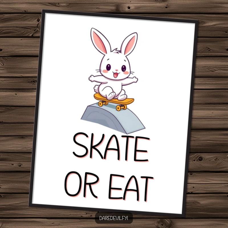 Funny rabbit digital art print, showing a bunny bravely skateboarding down a small ramp, for instant decor.