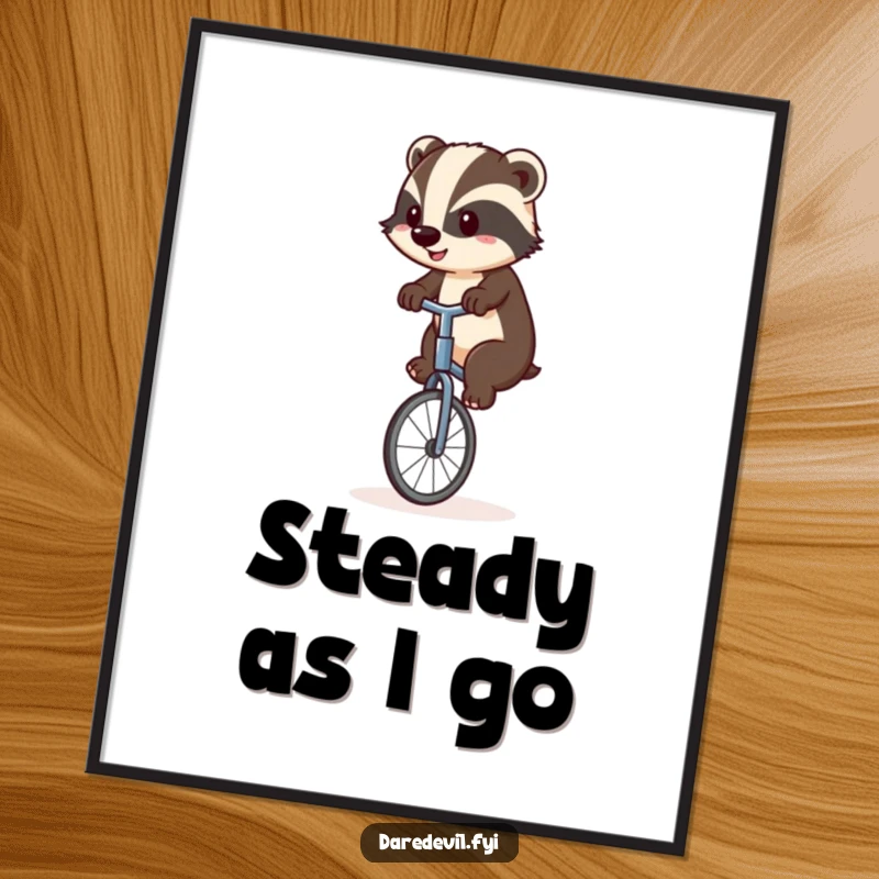Funny badger precariously balancing on a unicycle, conveying courage and humor, ideal for motivational and funny digital wall art.
