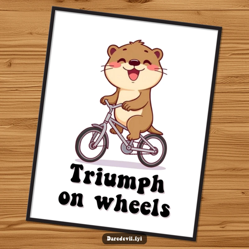 Funny otter with a triumphant grin rides a small bicycle, perfect for joyful wall art.