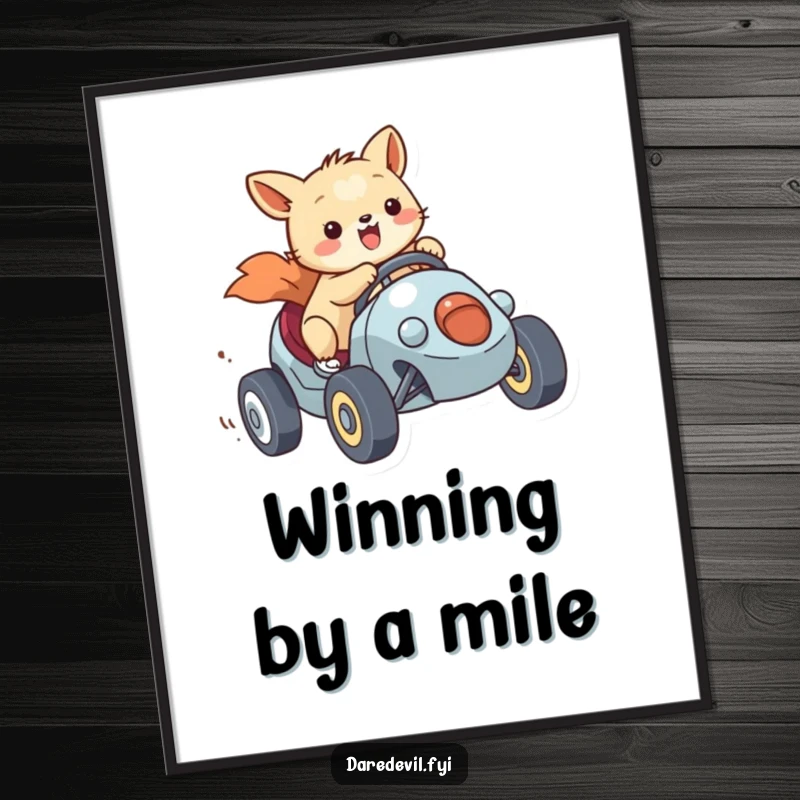 Funny Digital Art Print of a smiling animal character racing a tiny vehicle with gusto, adding instant humorous and energetic decor.