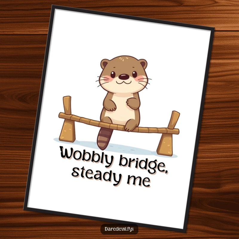Funny digital art print of a courageous otter confidently crossing a narrow, unstable bridge, perfect for home or office decor.