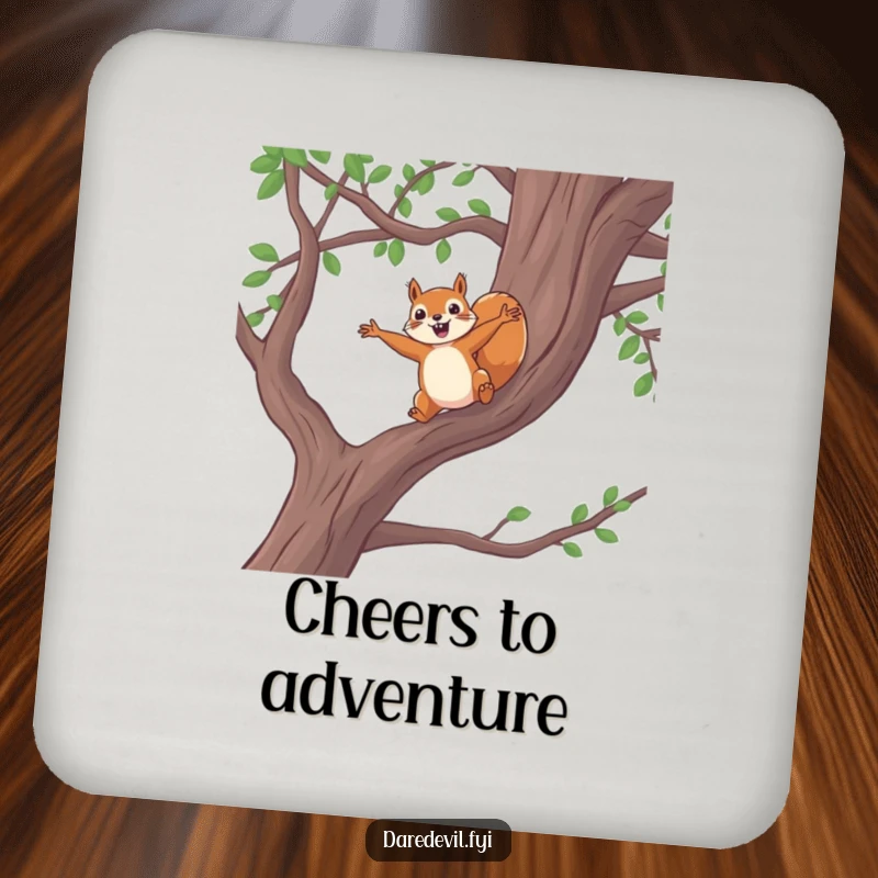 Funny squirrel coasters, brave squirrel jumping from tree branch, protecting surfaces with humor, set of coasters, funny gift.