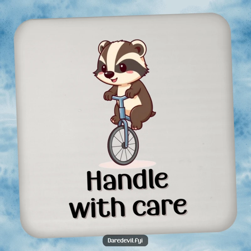 Funny badger balancing on a unicycle, looking determined, protecting surfaces from drinks, a comical and functional funny gift.