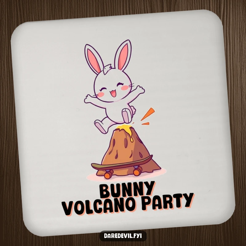 Funny bunny character skateboarding over a miniature volcano, a humorous design perfect for drink coasters.
