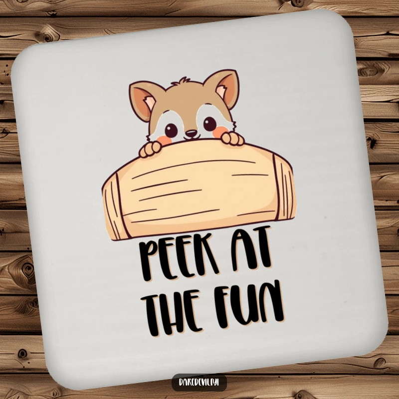 Funny Coaster Set showcasing a curious animal character playfully peeking over a large, fun obstacle, protecting surfaces with humor.