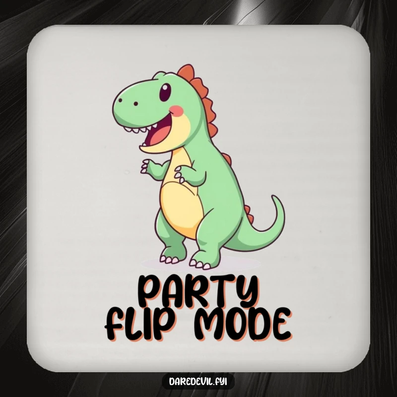 Funny drink coaster showing a joyful dinosaur attempting a backward somersault, protecting surfaces with humor.