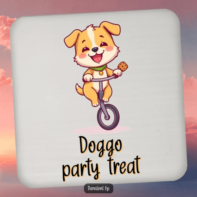 Funny dog riding a unicycle and balancing a treat, a humorous design perfect for drink coasters.