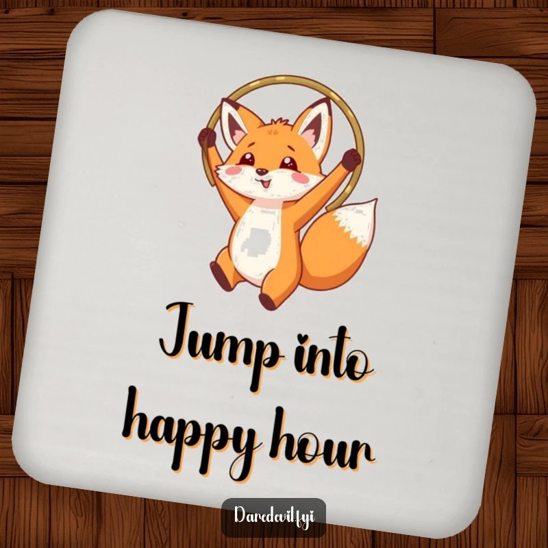Funny fox jumping through a hoop, featured on protective drink coasters, adding humorous flair to any tabletop.