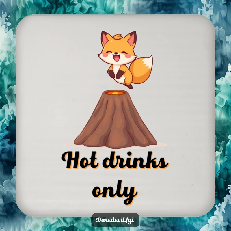 Funny fox coaster, depicting a fox leaping over a tiny volcano with a smile, protecting surfaces.