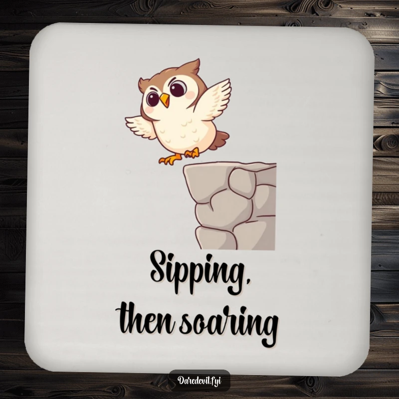 Funny coaster set featuring a giggling owl character in a funny dive pose, protecting furniture with humor.