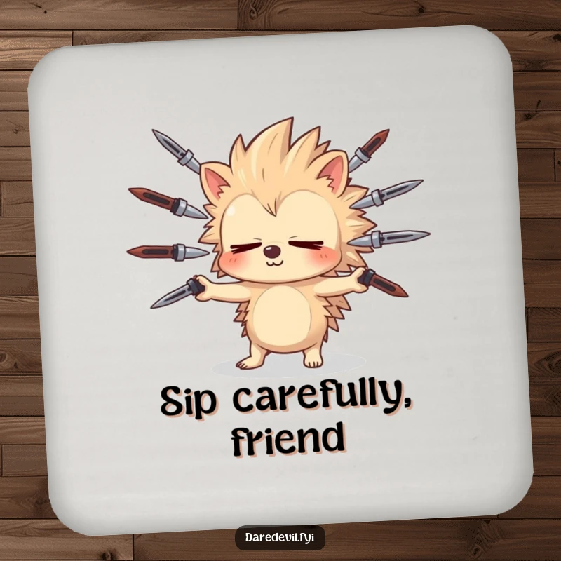 Funny sleepy hedgehog juggles sharp objects, bringing hilarious danger to a funny coaster.