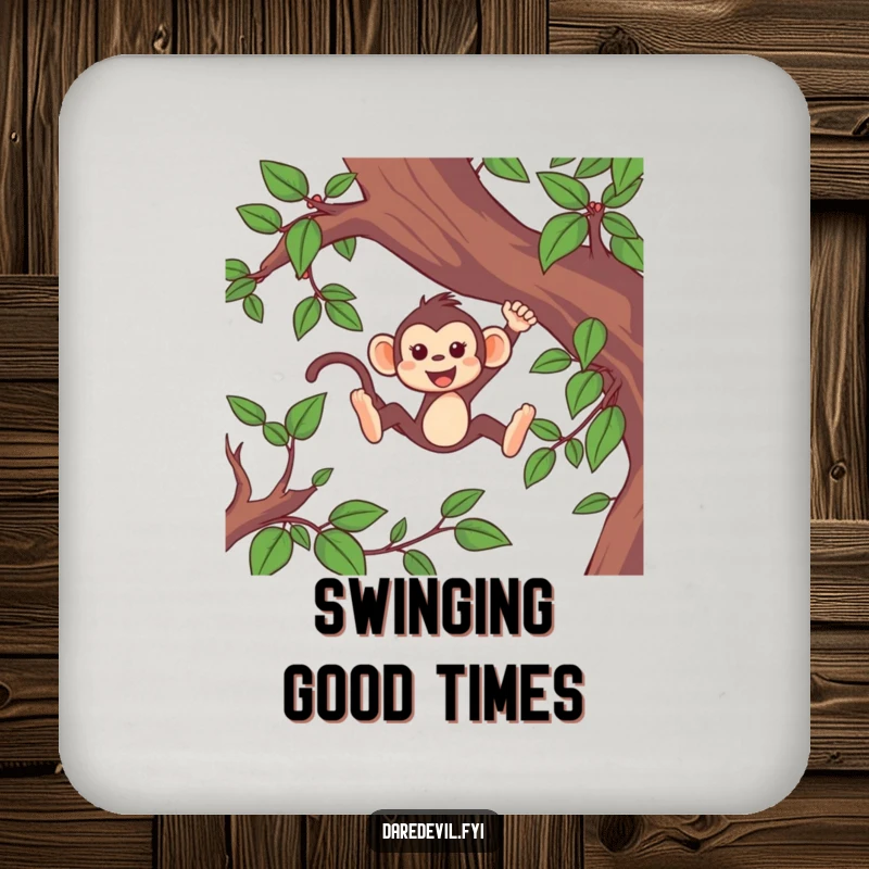 Funny monkey coaster showing a lively monkey character mid-swing through green vines, bringing fast-paced fun indoors.