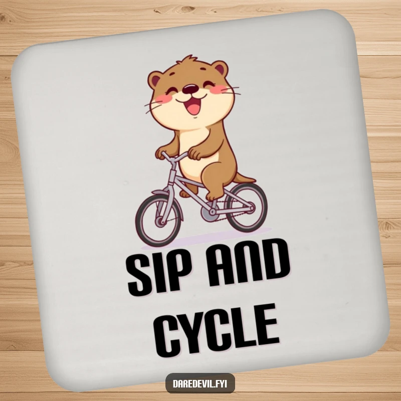 Funny otter rides a bicycle with a triumphant grin, adding hilarious flair to a funny coaster.