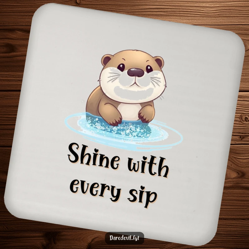 Funny otter glitter drink coasters: an otter diving into glitter, protecting surfaces with humor.