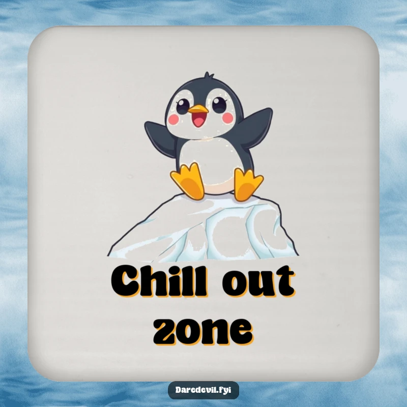 Funny drink coaster showing a surprised penguin expertly navigating an icy ramp, protecting surfaces with humor.