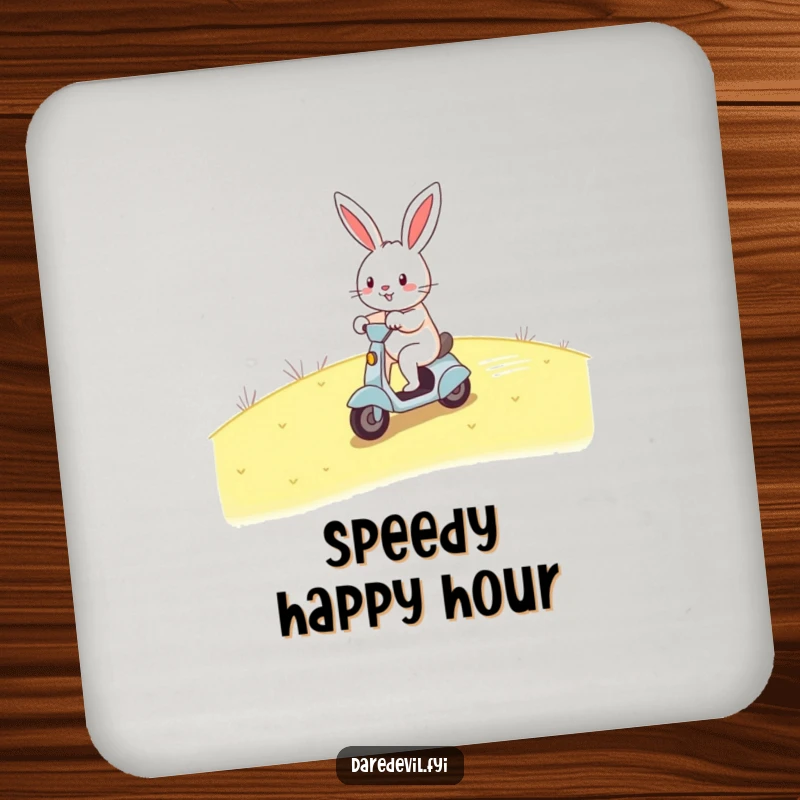 Funny rabbit coasters, cheerful rabbit zooming on scooter, protecting surfaces with humor, set of coasters, funny gift.
