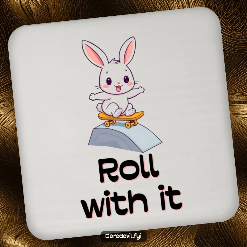 Funny rabbit coaster, depicting a bunny bravely skateboarding down a small ramp, protecting surfaces with cool.