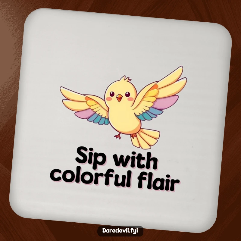 Funny rainbow bird drink coasters: a bird with large rainbow wings, protecting surfaces with humor.