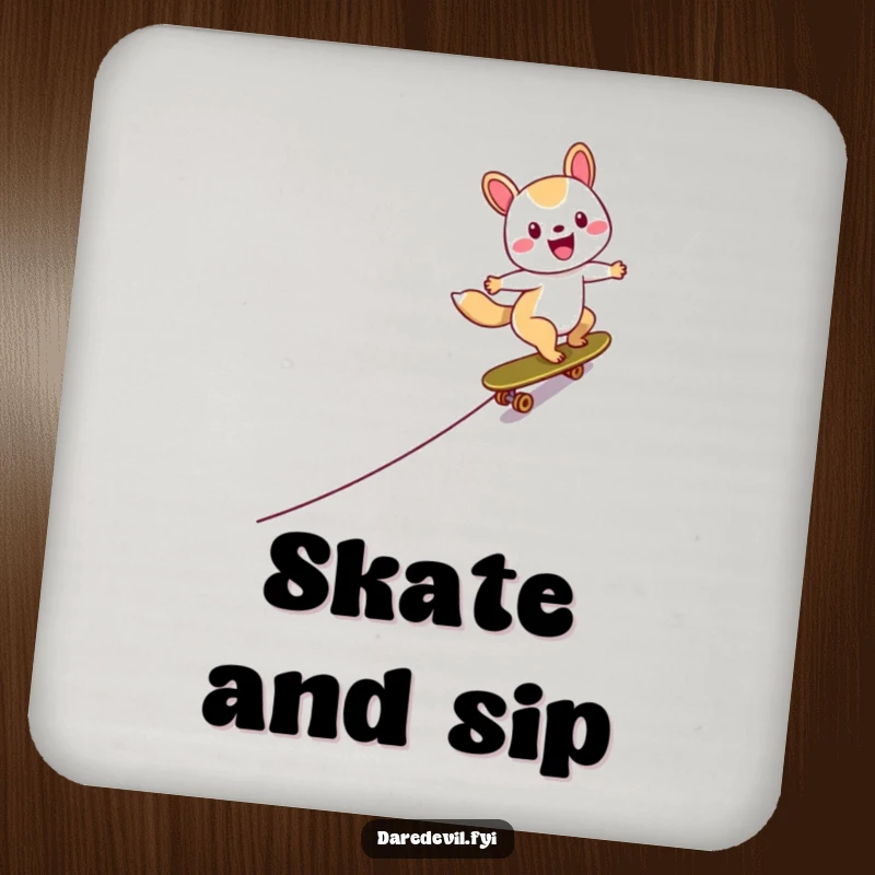 Funny Skater Animal Coasters showcasing a happy character skateboarding down a ramp, perfect for adding humorous flair to tables.