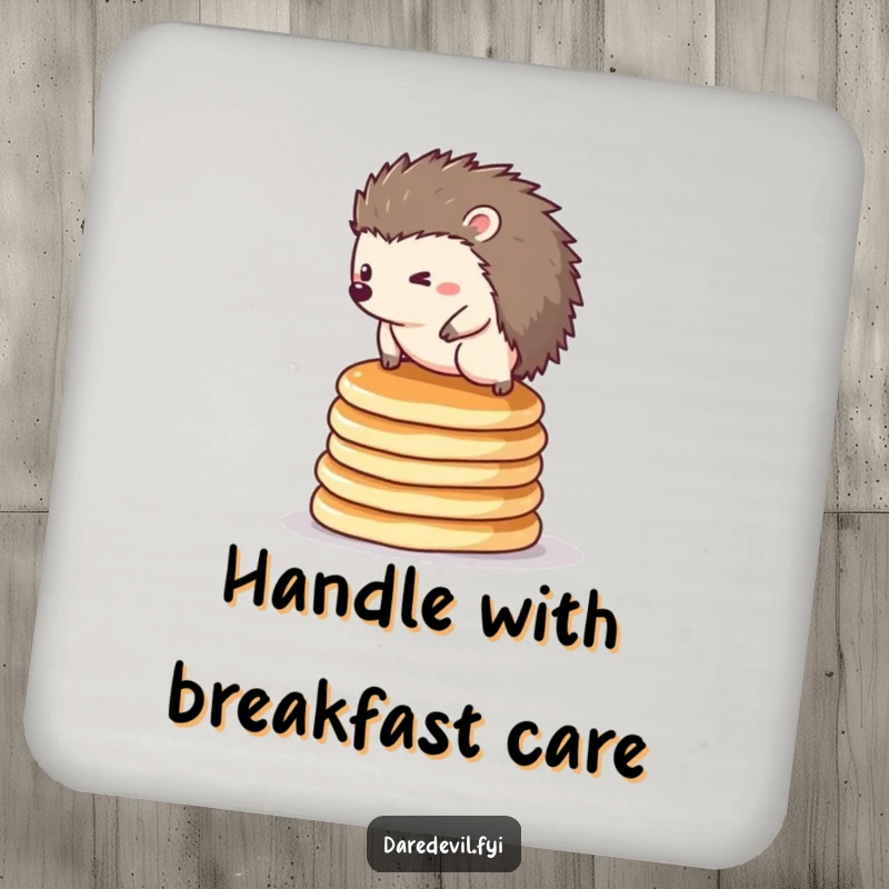 Funny hedgehog drink coasters: a tiny hedgehog balancing on a stack of pancakes, protecting surfaces humorously.