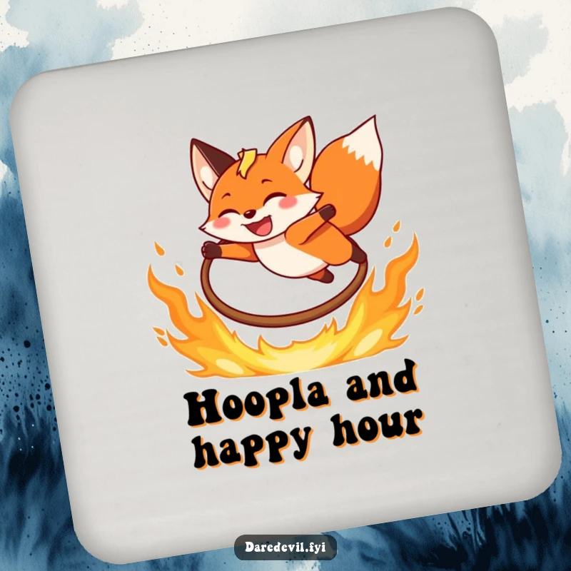 Funny Fox Coasters showcasing a grinning fox leaping over a fiery hoop, perfect for adding humorous flair to tables.