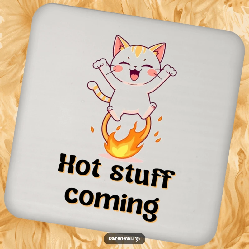 Funny drink coaster depicting a mischievous cat character jumping with glee over a blazing fiery hoop, protecting surfaces.