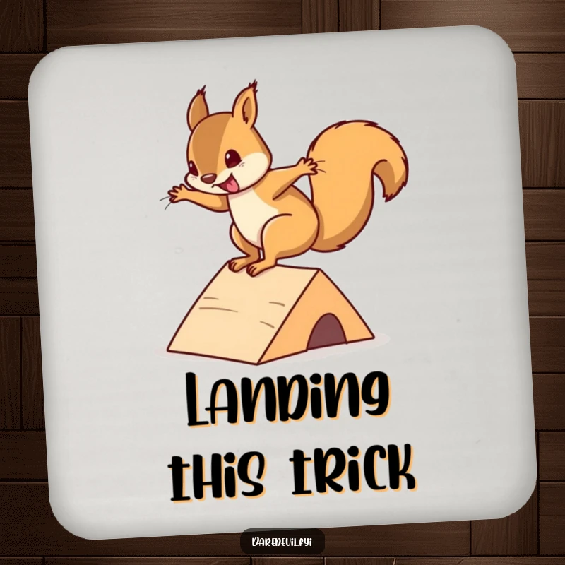 Funny squirrel coaster with a playful squirrel executing a daring flip off a mini ramp, protecting surfaces with humor.