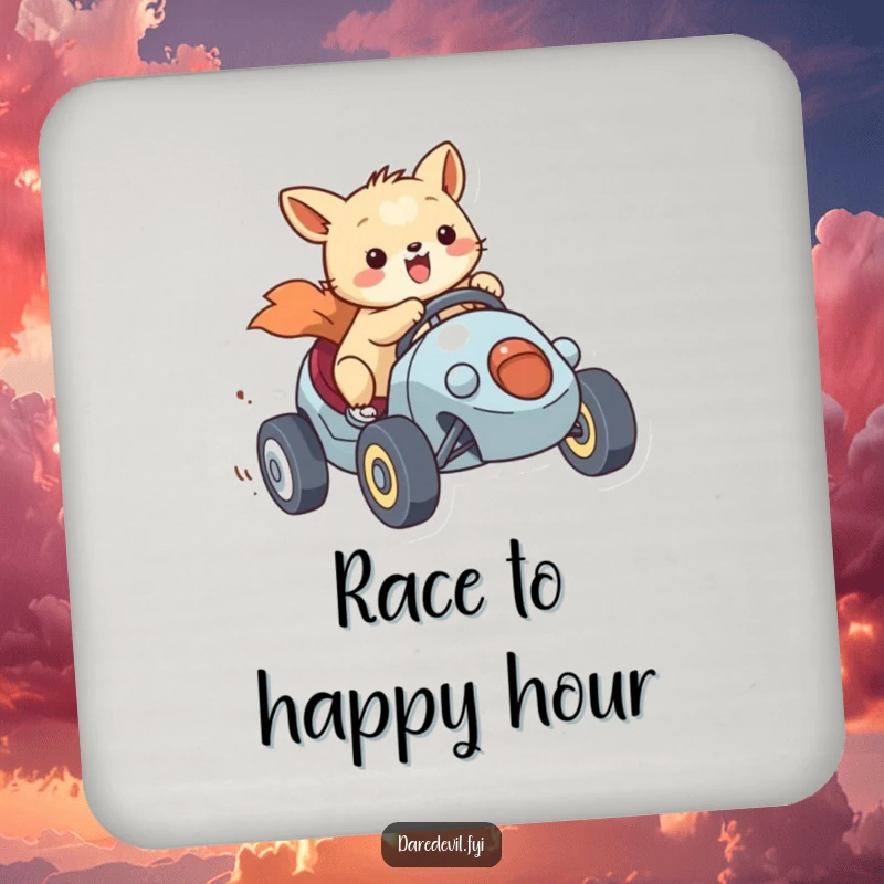 Funny Coaster Set showcasing a smiling animal character racing a tiny vehicle with gusto, protecting surfaces with humor.