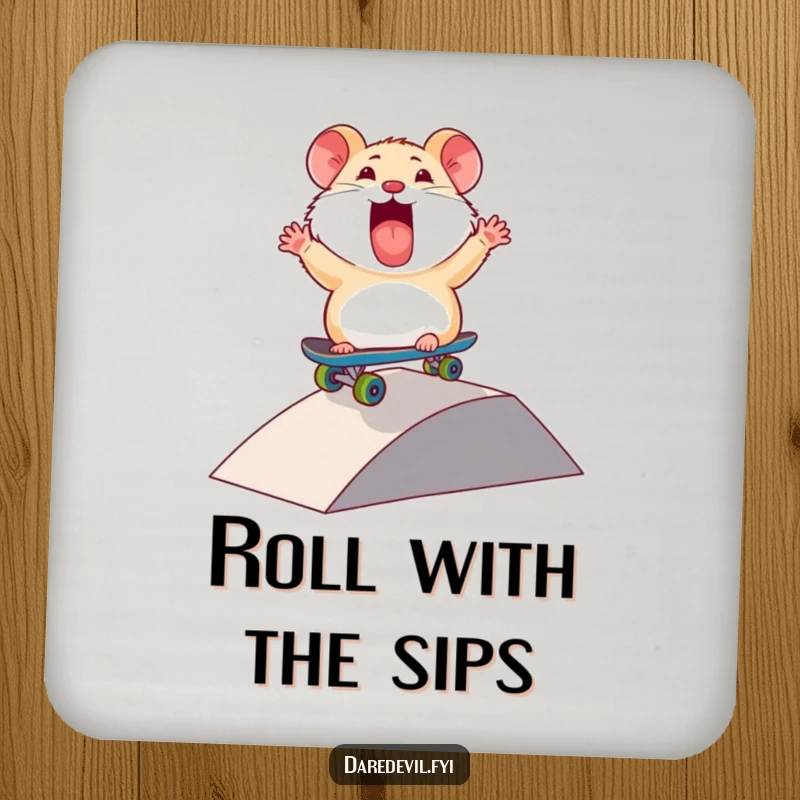 Funny Hamster Coaster: A thrilled hamster character rides a mini skateboard down a ramp, adding extreme fun and protection to surfaces.
