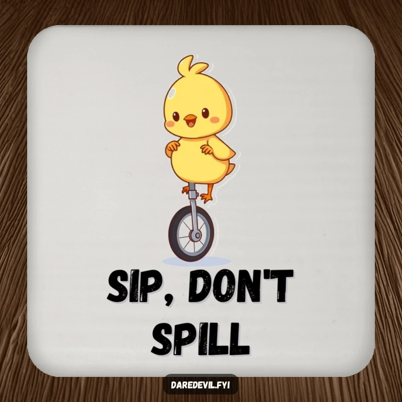 Funny coaster set with a playful chick character on a unicycle, providing protection and humor for tabletops.