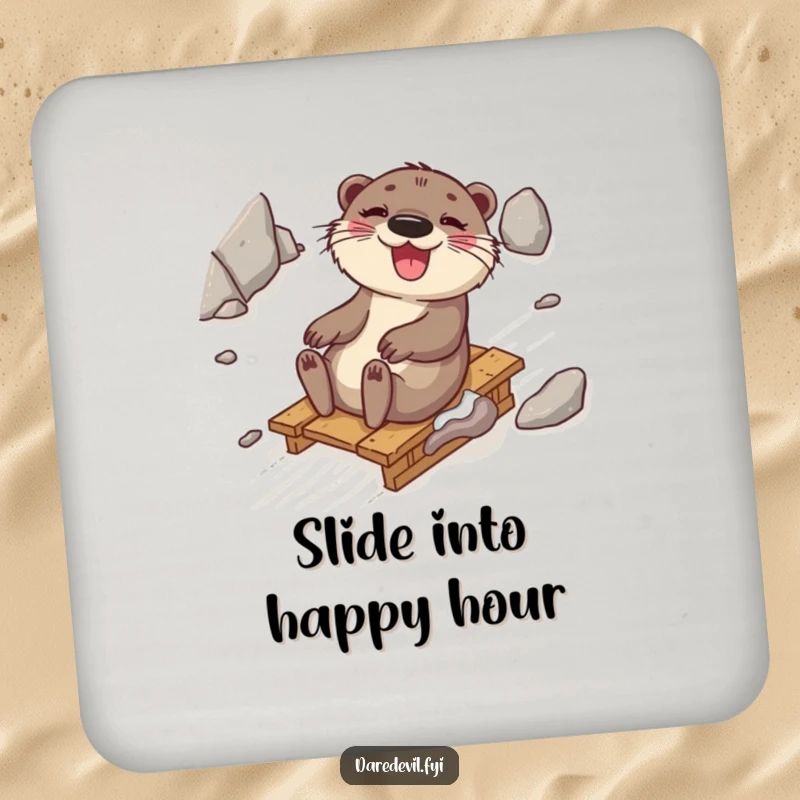 Funny otter giggling while sledding down a rocky slope, protecting surfaces with cheerful style, a delightful and functional funny gift.