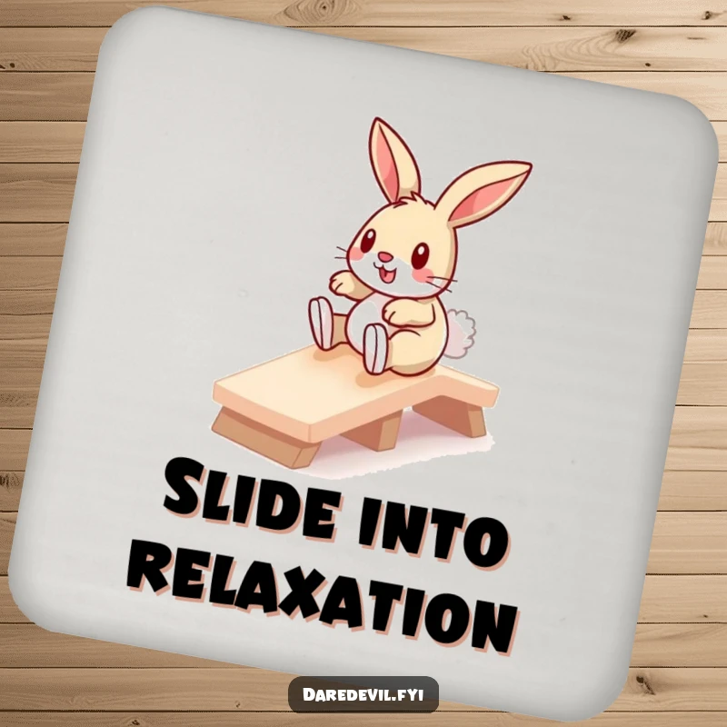 Funny bunny sliding down a miniature ramp, featured on protective drink coasters, adding humorous flair to any tabletop.