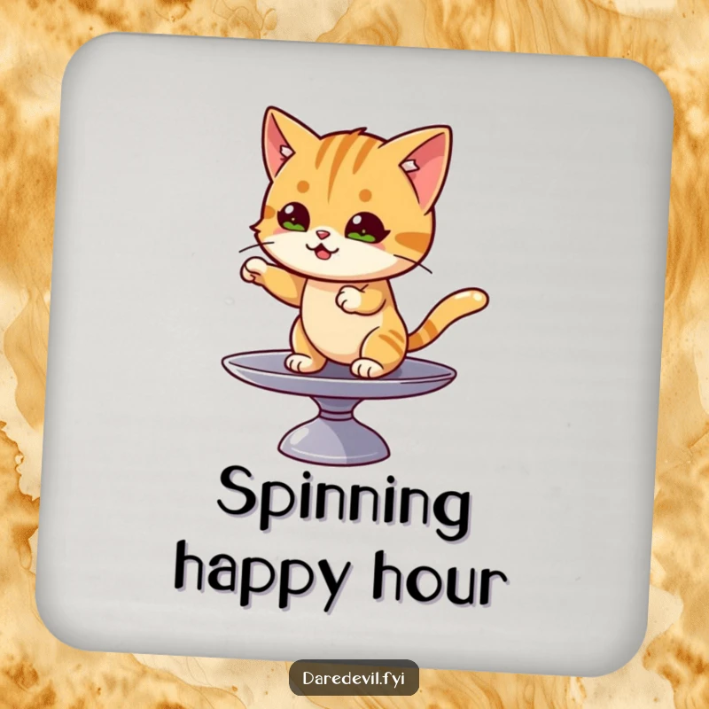 Funny cat coaster showing a mischievous cat artistically balancing on a spinning plate, adding fun to tabletops.