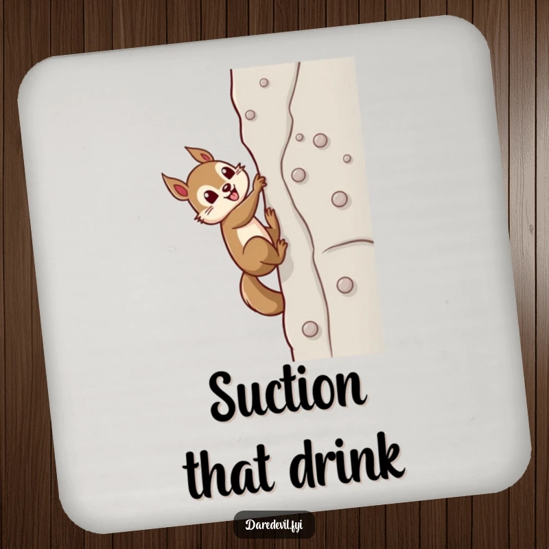 Funny squirrel character scaling a sheer wall with tiny suction cups, adding a humorous and protective element to a drink coaster.