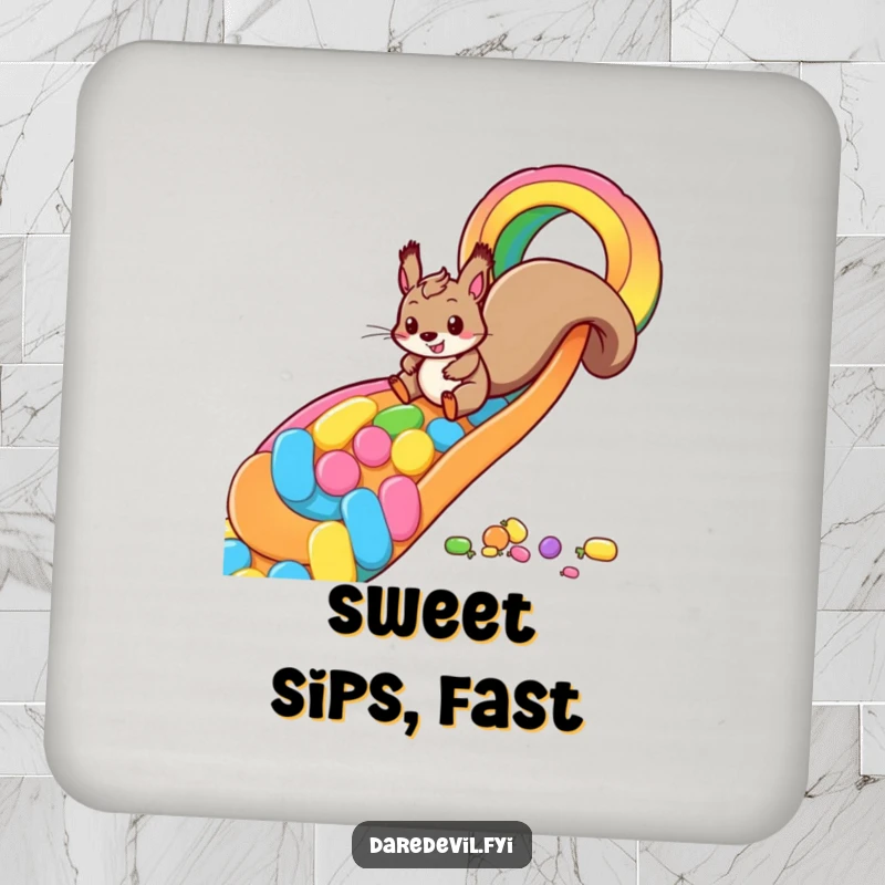 Funny squirrel candy slide drink coaster with a playful squirrel zooming down a rainbow made of candy, adding humorous and sweet protection.