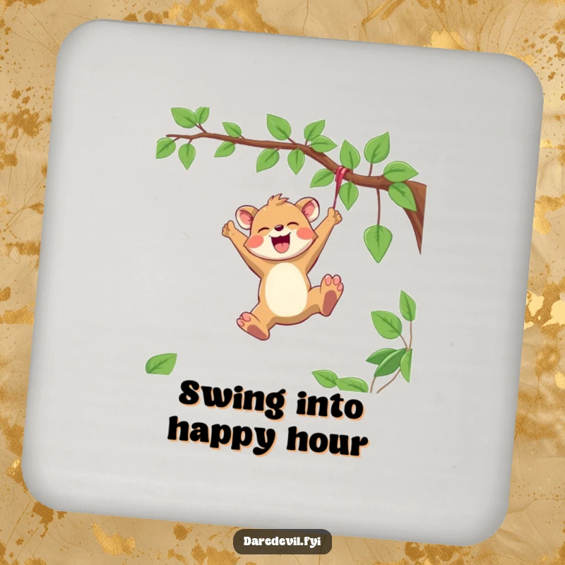 Funny Coaster showcasing a joyful animal character swinging from a vine with reckless abandon, protecting surfaces with style.