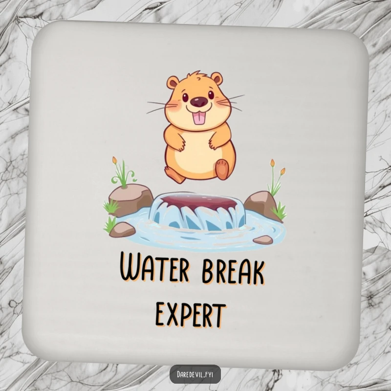 Funny drink coaster with a capybara bravely jumping over a river, protecting surfaces with a humorous design.