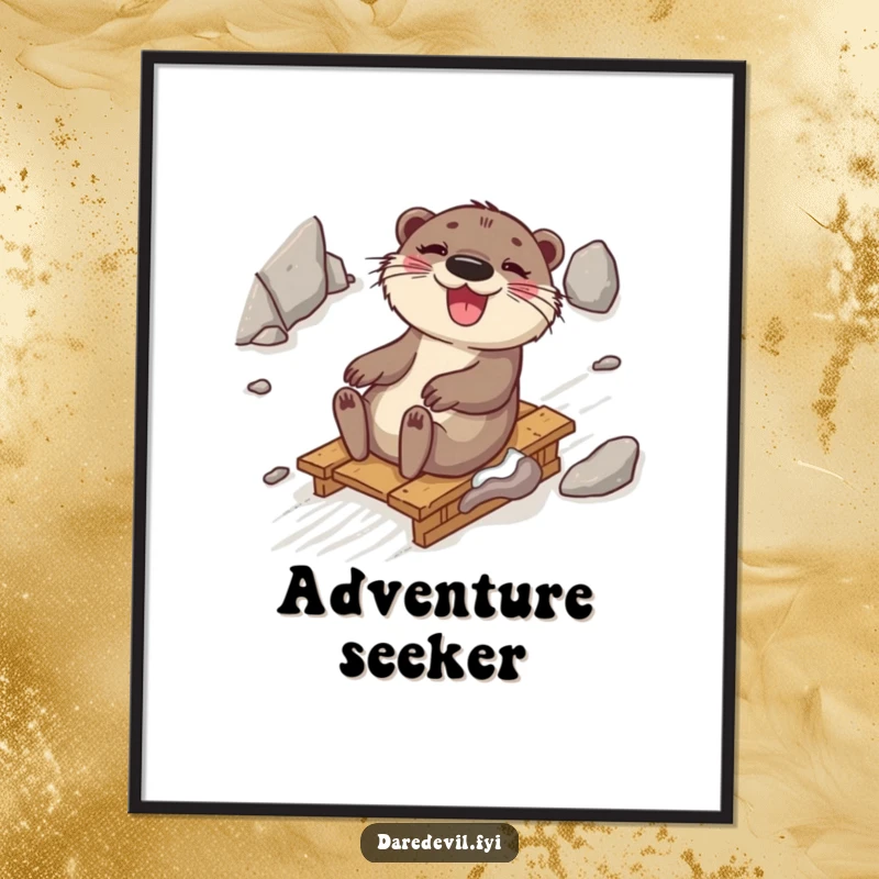 Funny otter with a wide, joyful grin, sliding rapidly down a rocky slope on a makeshift sled, perfect for humorous wall art.