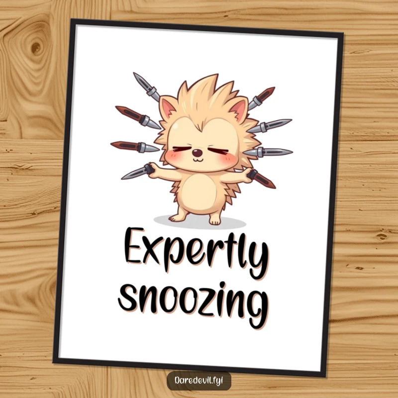 Funny sleepy hedgehog juggles sharp objects with closed eyes, creating a daring and humorous scene for a funny poster.