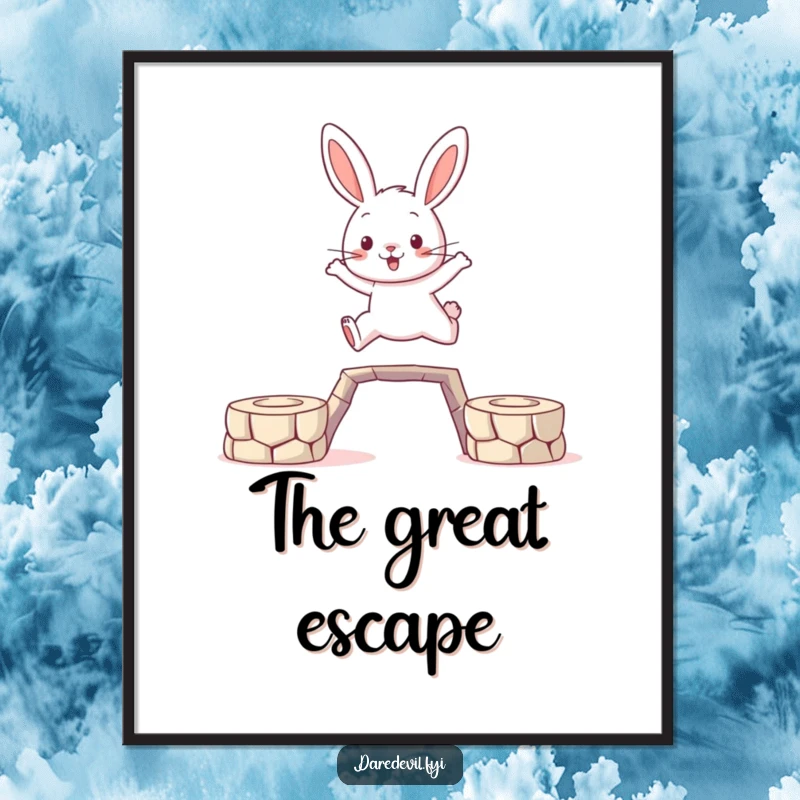 Funny Rabbit Poster: A brave rabbit character is depicted in mid-air, leaping across a gap between platforms with impressive agility.