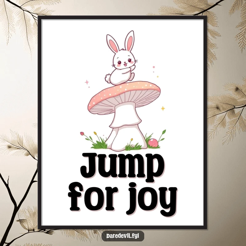 Funny bunny mushroom poster showing a fluffy bunny bravely leaping over a giant, sparkly mushroom, embodying a magical and adventurous spirit.