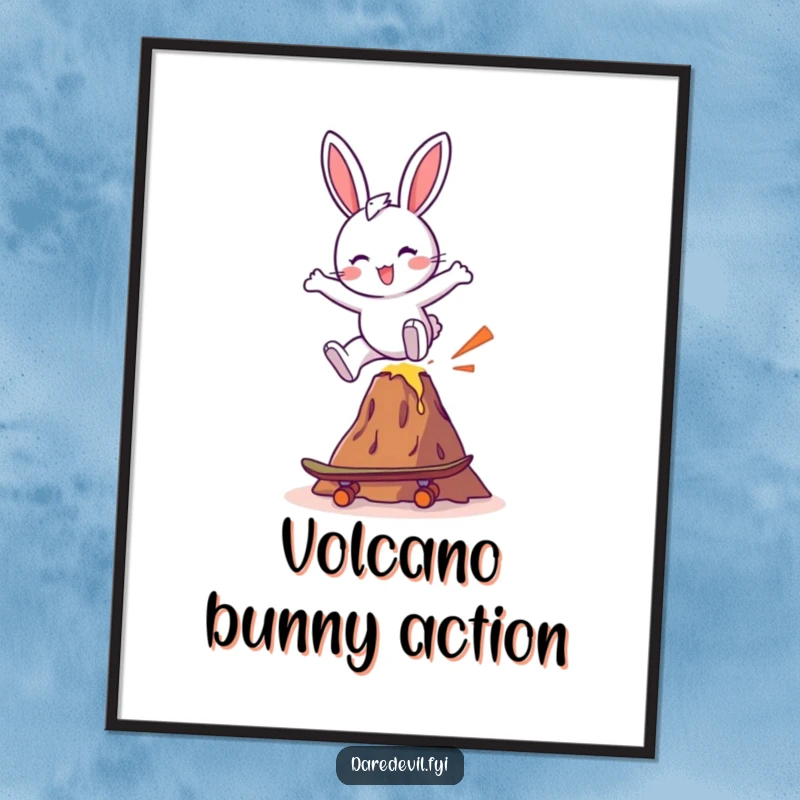Funny bunny character energetically skateboarding and jumping over a small, cartoonish volcano, full of playful energy.