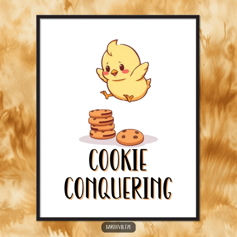Funny Poster illustrating a determined chick bravely attempting to jump over a stack of cookies, perfect for motivational and humorous decor.