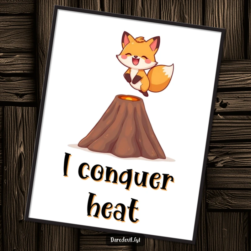 Funny fox poster, illustrating a fox gleefully leaping over a tiny volcano with a smile, for adventurous decor.