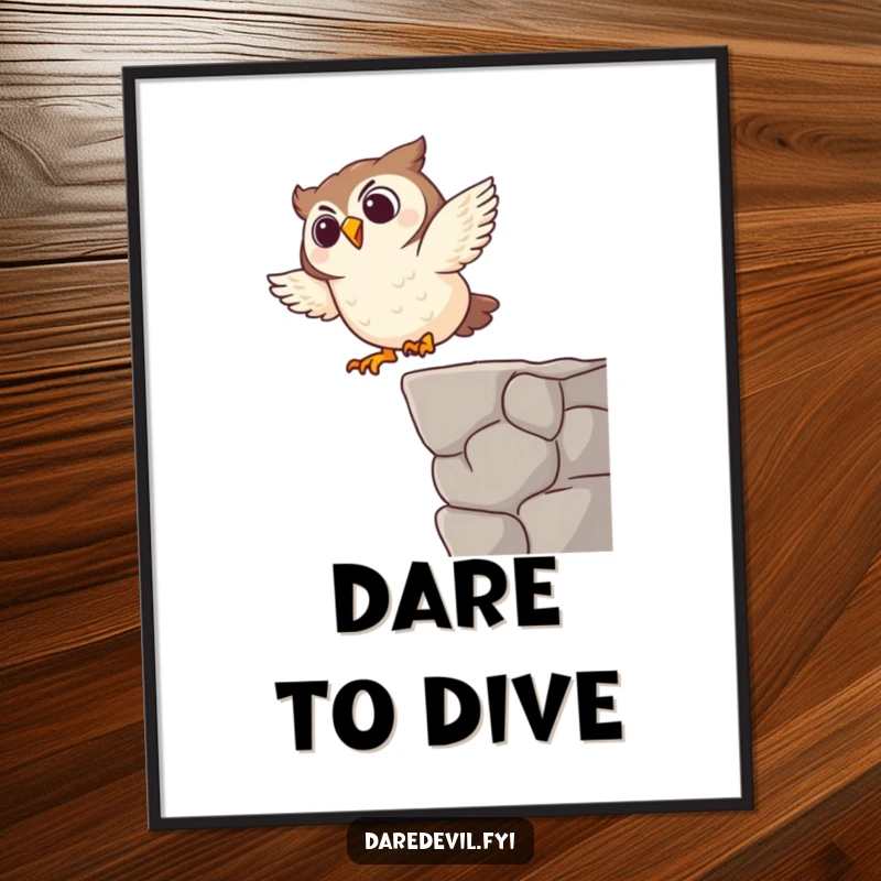 Funny poster showcasing a giggling owl character doing a comical dive, perfect wall art for those who love humor.