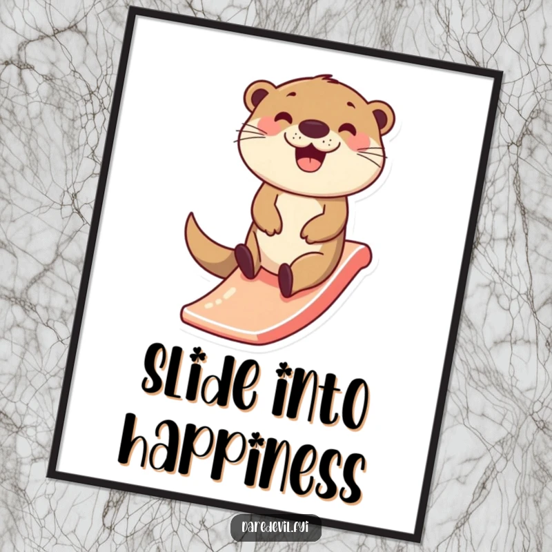 Funny Otter Poster: A happy otter character is depicted mid-slide, zipping down with a wide smile, radiating pure, infectious joy.