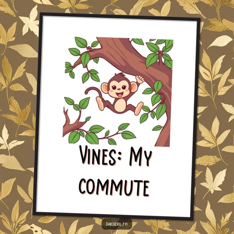 Funny monkey poster art depicting a lively monkey character in a fast, energetic swing through vibrant green vines.