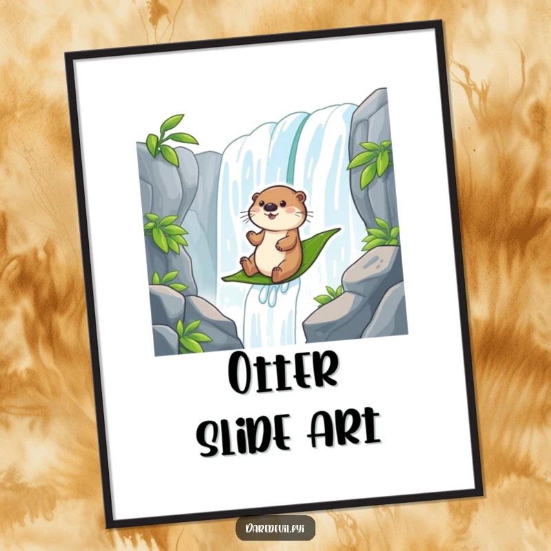 Funny otter character joyfully sliding down a giant waterfall on a leaf, creating a dynamic and amusing artwork.
