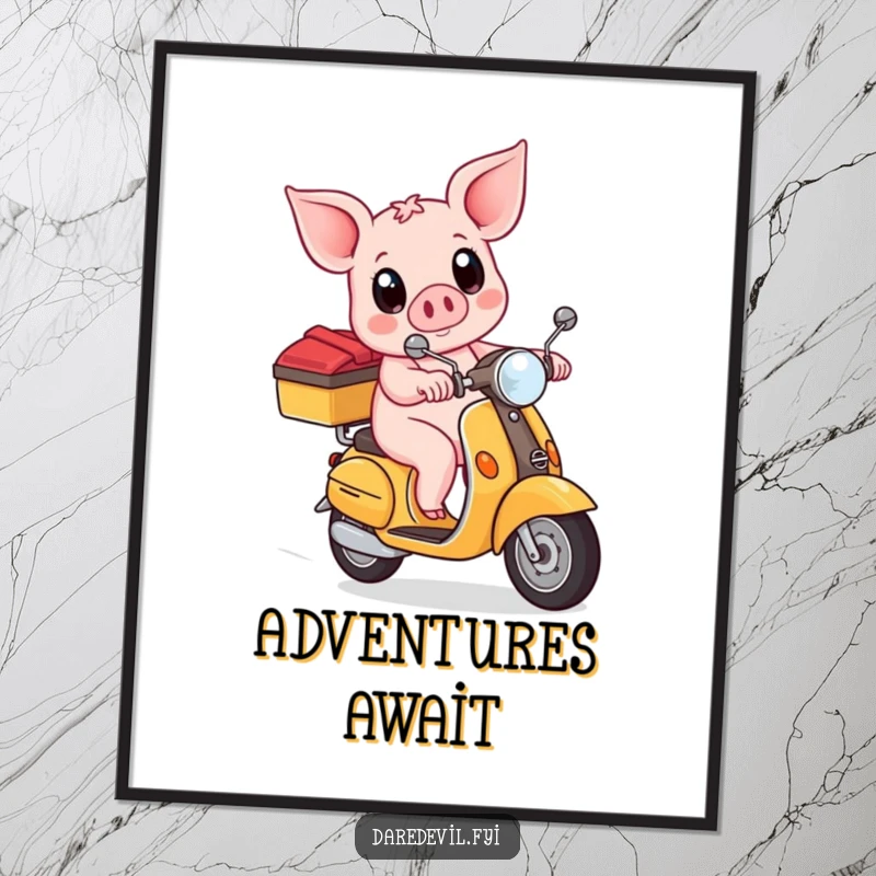 Funny piglet with wide eyes, bravely riding a scooter, captured in a vibrant, high-resolution poster print.