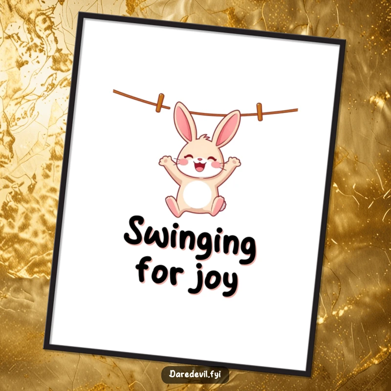Funny cheerful rabbit swings wildly from a clothesline, capturing a moment of unrestrained joy for a funny poster.